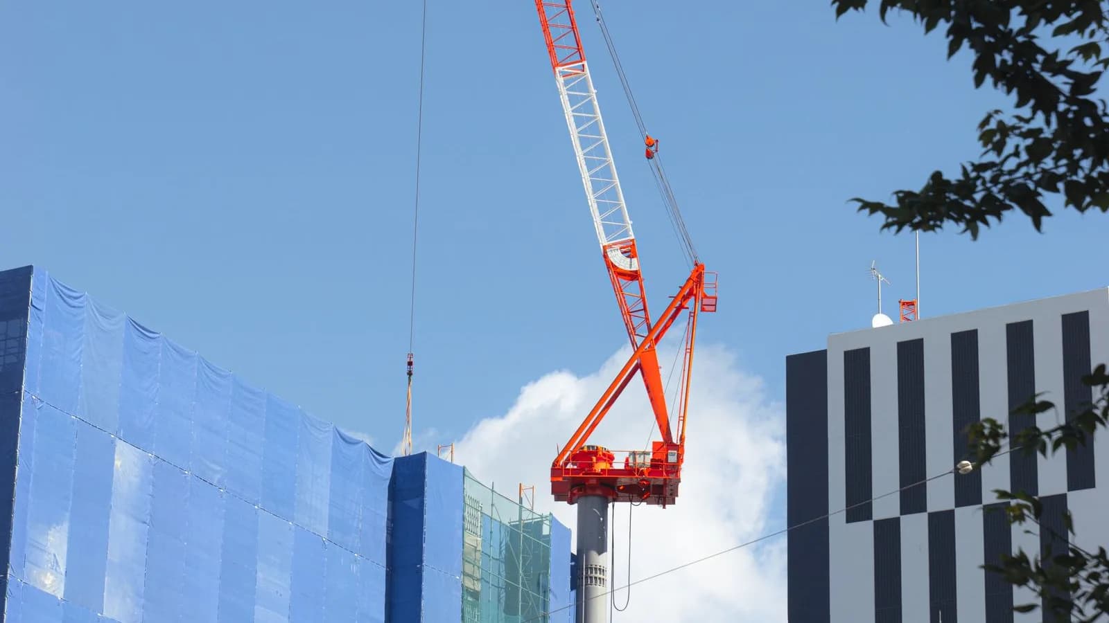 青空の下、養生シートに覆われた建設中のビルとタワークレーンが伸びる都市部の現場