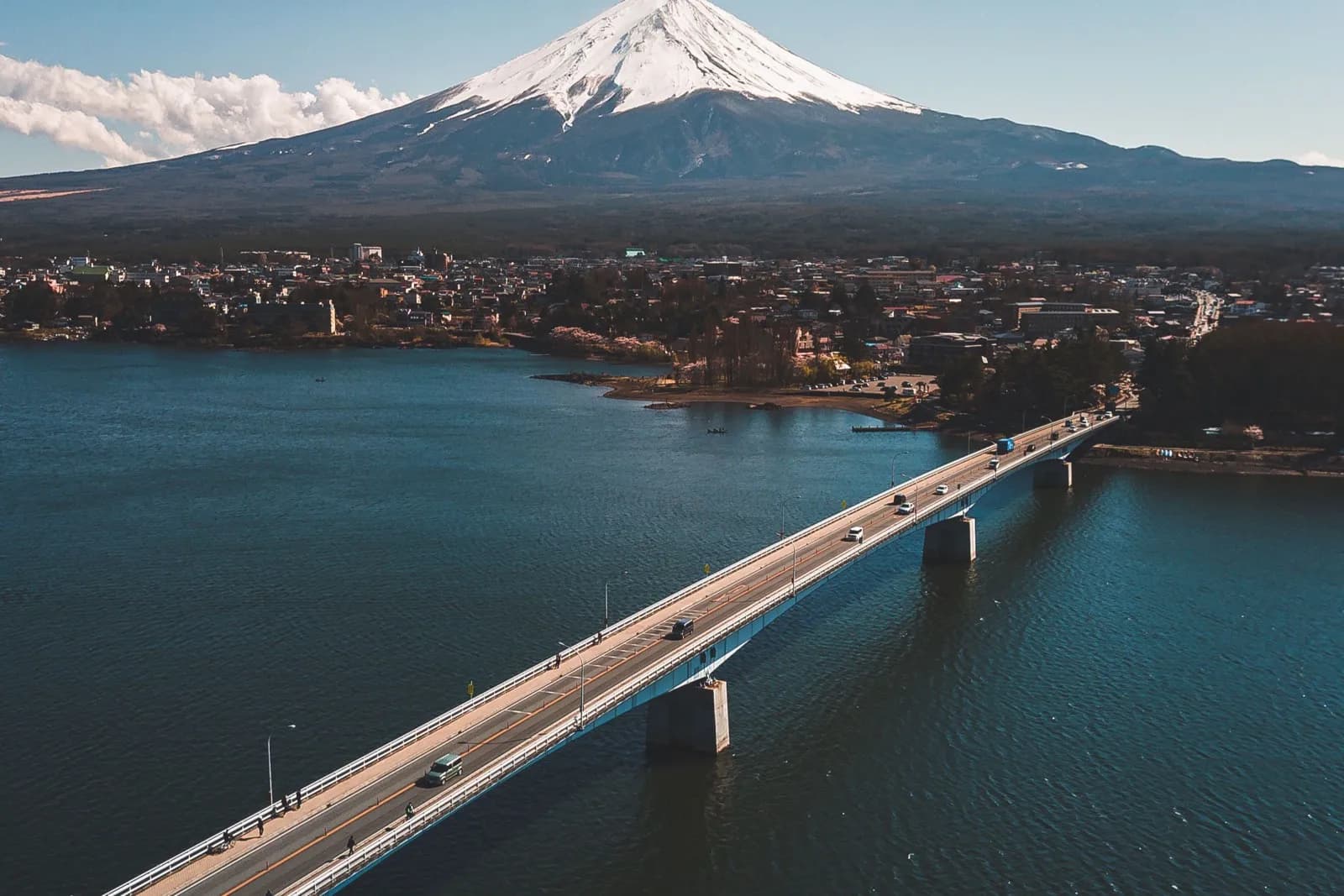 富士山を背景に、湖をまたいで架かる橋を車が行き交う空撮